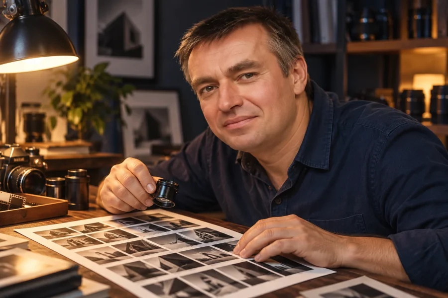 Нижник Максим за столом с контактными отпечатками фотографий — AI-иллюстрация