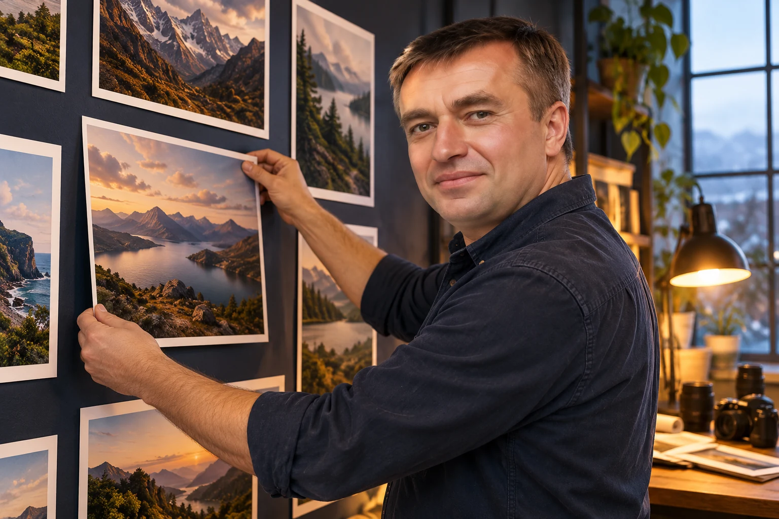Нижник Максим у стены с последовательностью фотографических отпечатков — AI-иллюстрация