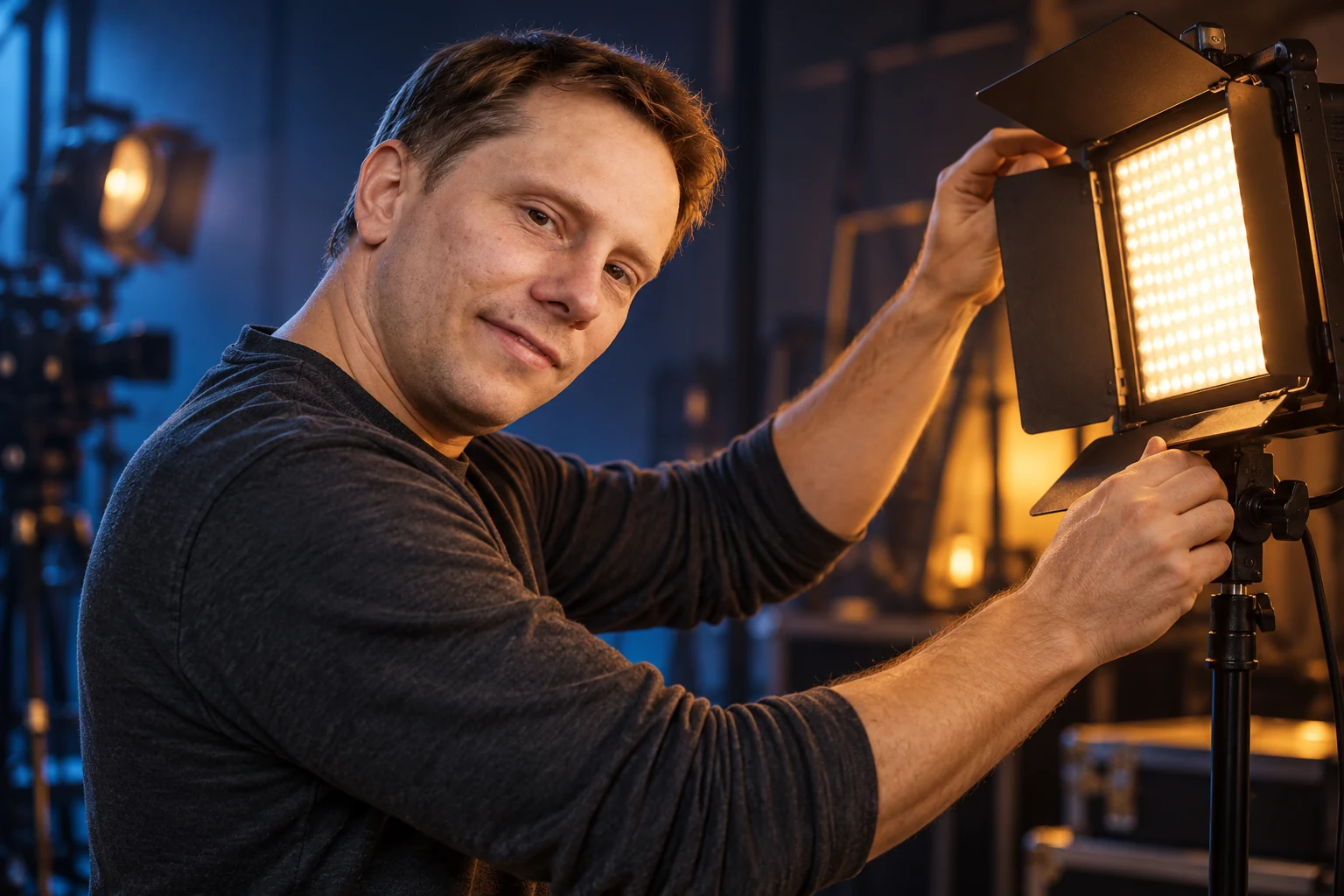 Нижник Максим в студии рядом с осветительной панелью — AI-иллюстрация